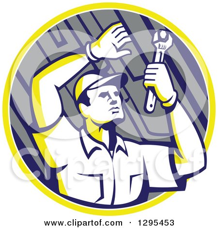 Clipart of a Retro Male Mechanic Working Uner a Car Chassis in a Yellow White and Gray Circle - Royalty Free Vector Illustration by patrimonio