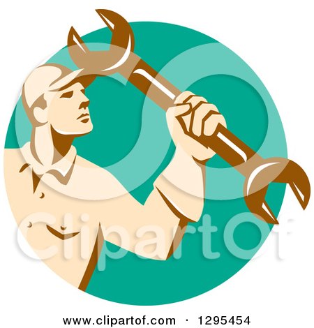 Clipart of a Retro Male Mechanic Holding up a Wrench in a Turquoise Circle - Royalty Free Vector Illustration by patrimonio