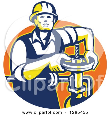 Clipart of a Retro Male Pipe Fitter Plumber Turning a Valve in an Orange Oval - Royalty Free Vector Illustration by patrimonio