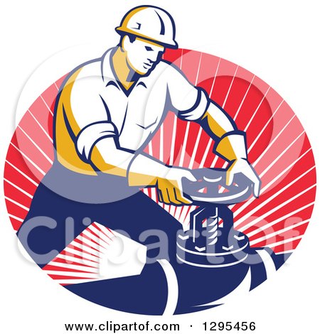 Clipart of a Retro Male Pipe Fitter Plumber Turning a Valve in an Oval of Red Rays - Royalty Free Vector Illustration by patrimonio