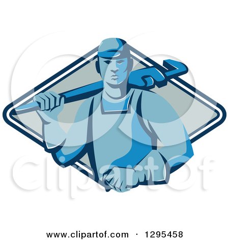 Clipart of a Retro Blue Male Plumber Holding a Monkey Wrench over His Shoulder in a Blue and White Diamond - Royalty Free Vector Illustration by patrimonio