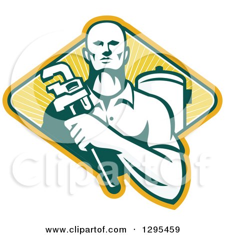 Clipart of a Retro Male Plumber Holding a Monkey Wrench by a Tank in a Yellow Green and White Ray Diamond - Royalty Free Vector Illustration by patrimonio