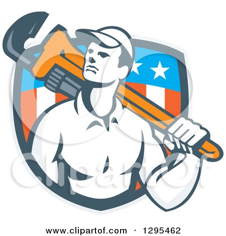 Clipart of a Retro Male Plumber Holding a Monkey Wrench over His Shoulder in an American Shield - Royalty Free Vector Illustration by patrimonio