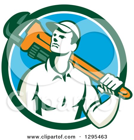 Clipart of a Retro Male Plumber Holding a Monkey Wrench over His Shoulder in a Blue White and Green Circle - Royalty Free Vector Illustration by patrimonio