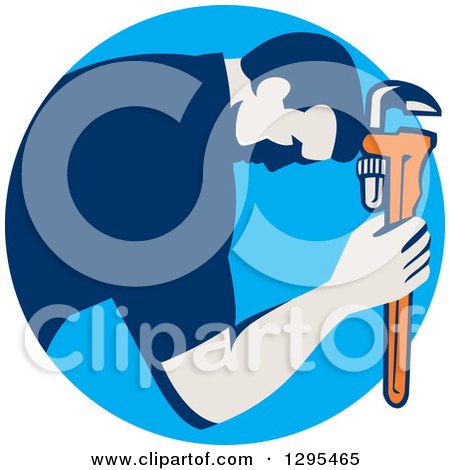 Clipart of a Retro Male Plumber Bowing and Holding a Monkey Wrench to His Head in a Blue Circle - Royalty Free Vector Illustration by patrimonio