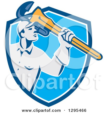 Clipart of a Retro Male Plumber Holding a Giant Monkey Wrench in a Blue and White Shield - Royalty Free Vector Illustration by patrimonio