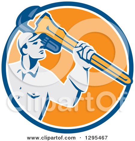 Clipart of a Retro Male Plumber Holding a Giant Monkey Wrench in a Blue Orange and White Circle - Royalty Free Vector Illustration by patrimonio