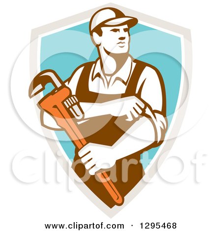 Clipart of a Retro Male Plumber Holding a Monkey Wrench and Rolling up His Sleeves in a Taupe White and Turquoise Shield - Royalty Free Vector Illustration by patrimonio