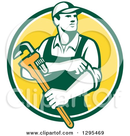 Clipart of a Retro Male Plumber Holding a Monkey Wrench and Rolling up His Sleeves in a Green White and Yellow Circle - Royalty Free Vector Illustration by patrimonio