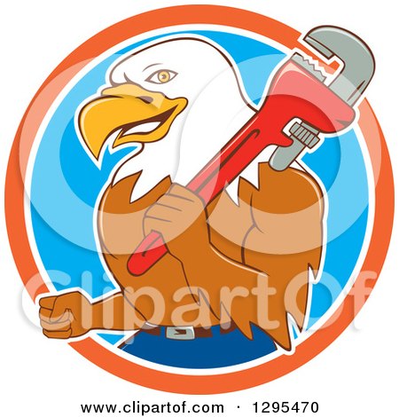 Clipart of a Cartoon Bald Eagle Plumber with a Monkey Wrench in an Orange White and Blue Circle - Royalty Free Vector Illustration by patrimonio