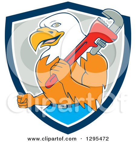 Clipart of a Cartoon Bald Eagle Plumber with a Monkey Wrench in a Blue White and Gray Shield - Royalty Free Vector Illustration by patrimonio