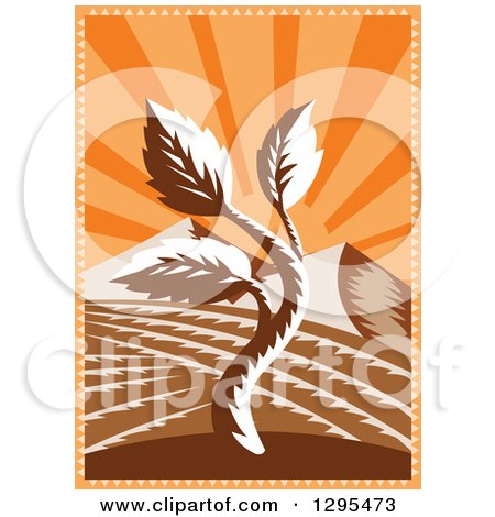 Clipart of a Retro Woodcut Seedling Plant and Mountains Against Orange Sunshine Rays - Royalty Free Vector Illustration by patrimonio