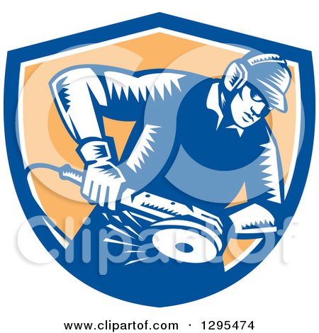 Clipart of a Retro Woodcut Metal Worker Using a Grinder in a Blue White and Orange Shield - Royalty Free Vector Illustration by patrimonio