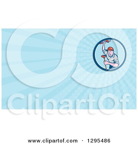 Clipart of a Cartoon Male Plumber Holding a Monkey Wrench and Plunger and Blue Rays Background or Business Card Design - Royalty Free Illustration by patrimonio