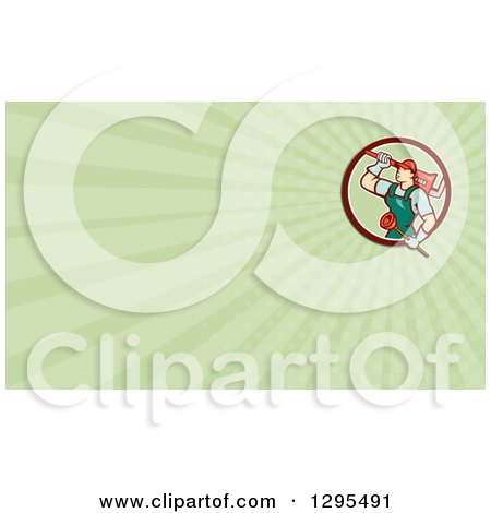 Clipart of a Cartoon Male Plumber Holding a Monkey Wrench and Plunger and Pastel Green Rays Background or Business Card Design - Royalty Free Illustration by patrimonio