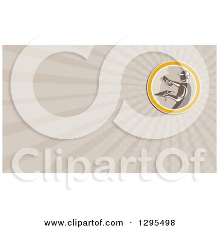 Clipart of a Retro Male Plasterer and Tan Rays Background or Business Card Design - Royalty Free Illustration by patrimonio