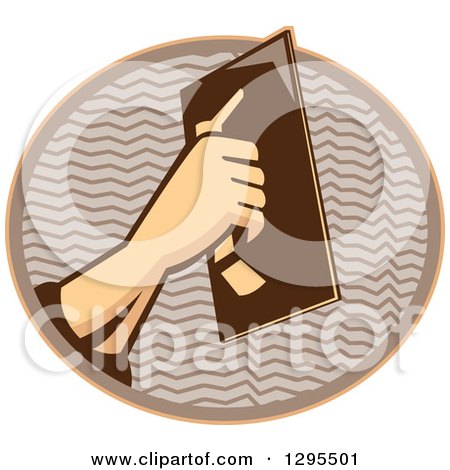 Clipart of a Retro Male Plasterer Hand Working in a Brown and Orange Oval - Royalty Free Vector Illustration by patrimonio