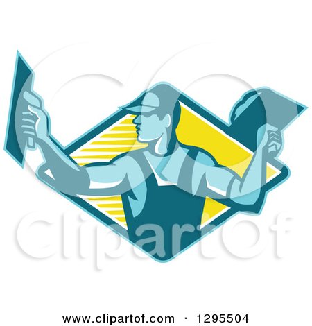 Clipart of a Retro Male Plasterer Working in a Blue and Yellow Diamond - Royalty Free Vector Illustration by patrimonio
