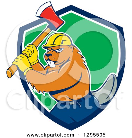 Clipart of a Lumberjack Beaver Wearing a Hard Hat and Wielding an Axe in a Blue White and Green Shield - Royalty Free Vector Illustration by patrimonio