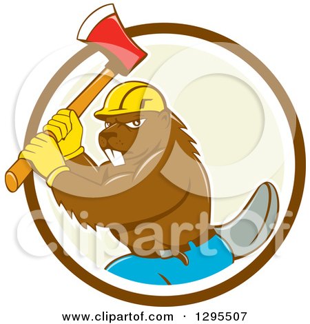 Clipart of a Retro Cartoon Lumberjack Beaver Wearing a Hard Hat and Wielding an Axe in a Brown White and Pastel Green Circle - Royalty Free Vector Illustration by patrimonio