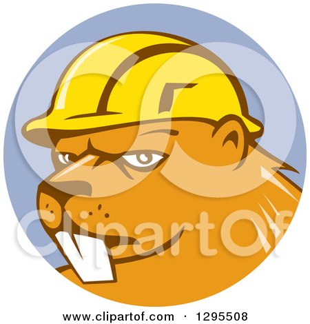 Clipart of a Construction Worker Builder Beaver in a Hard Hat Inside a Purple Circle - Royalty Free Vector Illustration by patrimonio