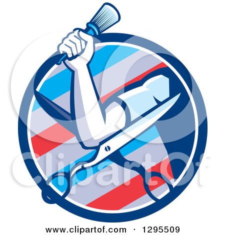 Clipart of a Retro Barber Arm Holding a Brush over Scissors in a Barber Pole Circle - Royalty Free Vector Illustration by patrimonio