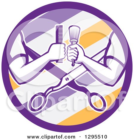 Clipart of Retro Barber Arms Holding a Brush and Comb over Scissors in a Purple White and Yellow Barber Pole Circle - Royalty Free Vector Illustration by patrimonio