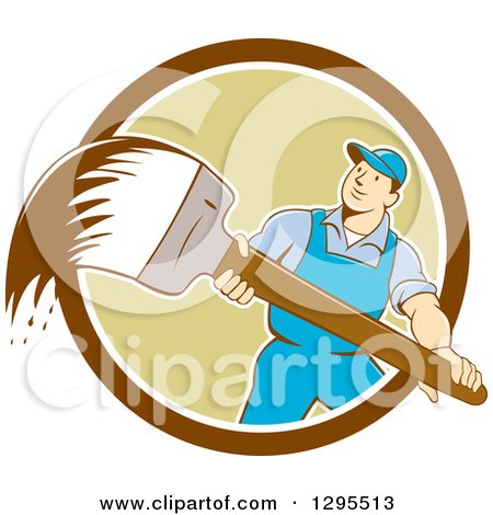 Clipart of a Cartoon White Male House Painter with a Brush, Emerging from a Brown White and Green Circle - Royalty Free Vector Illustration by patrimonio