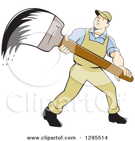 Clipart of a Cartoon White Male House Painter with a Giant Wet Brush - Royalty Free Vector Illustration by patrimonio