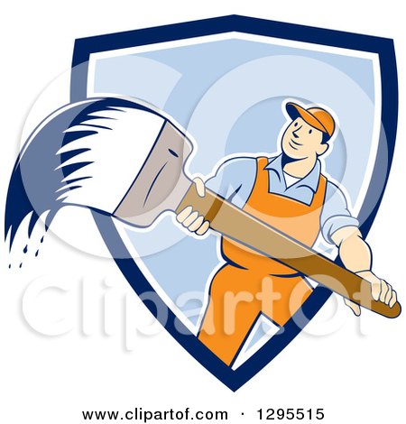 Clipart of a Cartoon White Male House Painter with a Brush, Emerging from a Blue and White Shield - Royalty Free Vector Illustration by patrimonio