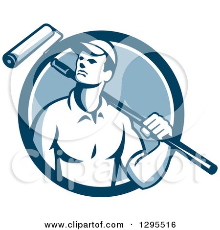 Clipart of a Retro Male House Painter with a Roller Brush over His Shoulder in a Blue and White Circle - Royalty Free Vector Illustration by patrimonio