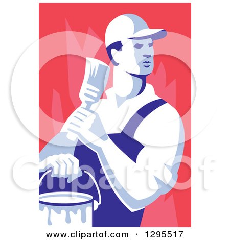 Clipart of a Retro Male House Painter Holding a Brush and Bucket, Looking Back over Red - Royalty Free Vector Illustration by patrimonio