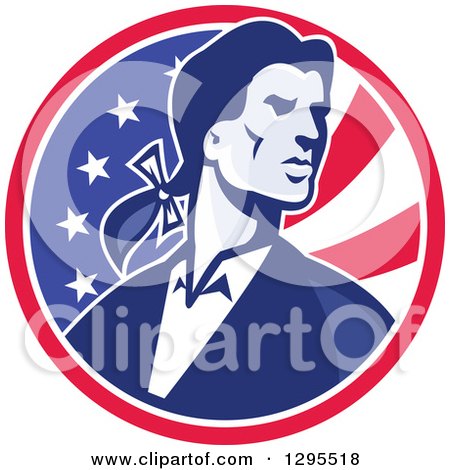 Clipart of a Retro American Patriot Minuteman Revolutionary Soldier in an American Circle - Royalty Free Vector Illustration by patrimonio