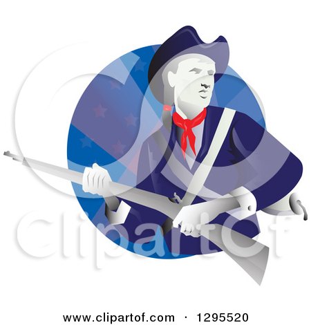 Clipart of a Retro American Revolution Minuteman Soldier with a Musket Rifle in a Blue Star Circle - Royalty Free Vector Illustration by patrimonio