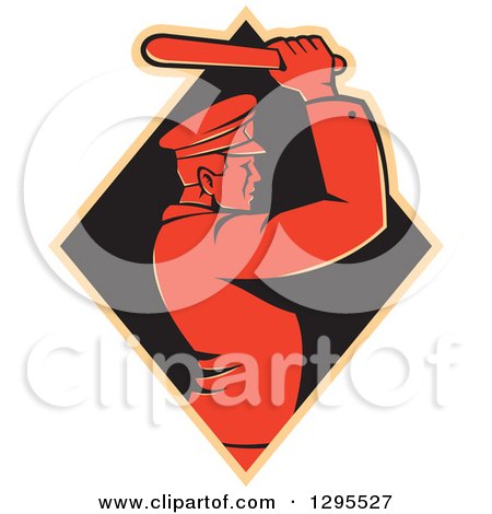 Clipart of a Retro Male Police Man Using a Baton in a Tan and Black Diamond - Royalty Free Vector Illustration by patrimonio