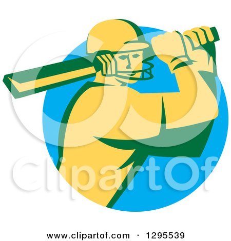 Clipart of a Retro Cricket Batsman Player Emerging from a Blue Circle - Royalty Free Vector Illustration by patrimonio