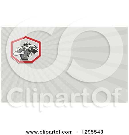 Clipart of a Retro Mechanic Carrying a Wrench and Pickup Truck and Gray Rays Background or Business Card Design - Royalty Free Illustration by patrimonio