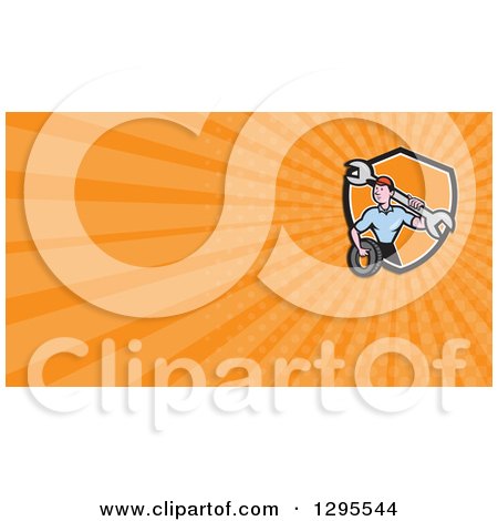 Clipart of a Cartoon Male Mechanic Worker Holding a Giant Wrench and a Tire and Orange Rays Background or Business Card Design - Royalty Free Illustration by patrimonio