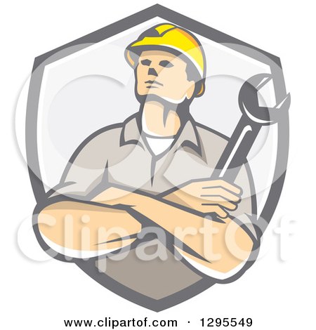 Clipart of a Retro Caucasian Male Construction or Builder Worker with Folded Arms and a Wrench in a Gray Shield - Royalty Free Vector Illustration by patrimonio