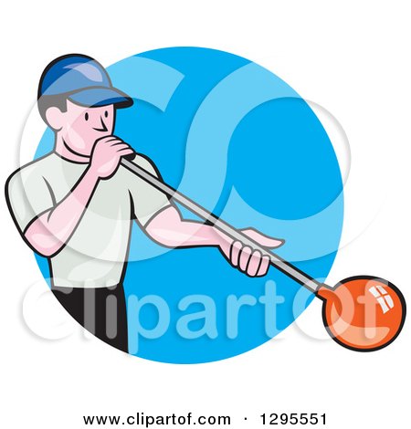 Clipart of a Cartoon White Male Worker Blowing Glass and Emerging from a Blue Circle - Royalty Free Vector Illustration by patrimonio
