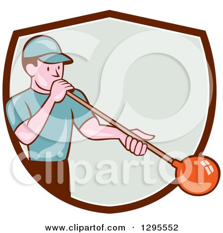 Clipart of a Cartoon White Male Worker Blowing Glass and Emerging from a Brown White and Pastel Green Shield - Royalty Free Vector Illustration by patrimonio