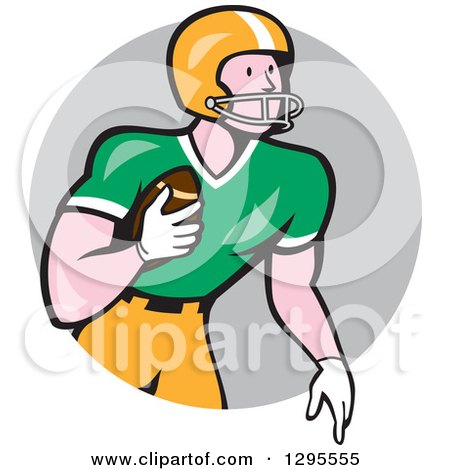 Clipart of a Cartoon White Male Gridiron American Football Player Holding the Ball and Emerging from a Gray Circle - Royalty Free Vector Illustration by patrimonio