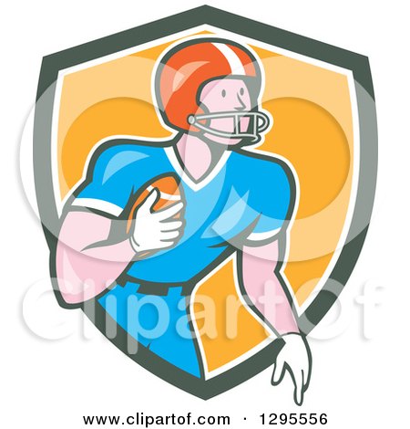 Clipart of a Cartoon White Male Gridiron American Football Player Holding the Ball and Emerging from a Green White and Yellow Shield - Royalty Free Vector Illustration by patrimonio