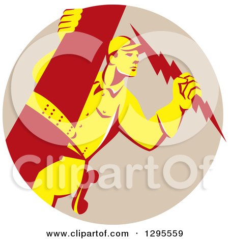 Clipart of a Retro Yellow and Red Lineman Male Electrician Holding a Lightning Bolt in a Taupe Circle - Royalty Free Vector Illustration by patrimonio