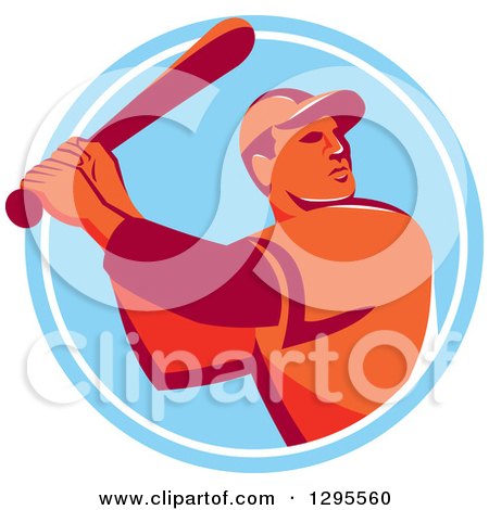 Clipart of a Retro Red and Orange Male Baseball Player Batting Inside a Blue and White Circle - Royalty Free Vector Illustration by patrimonio