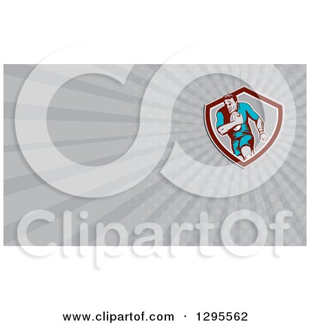 Clipart of a Retro Rugby Player and Gray Rays Background or Business Card Design - Royalty Free Illustration by patrimonio