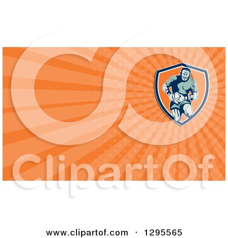 Clipart of a Retro Rugby Player and Orange Rays Background or Business Card Design - Royalty Free Illustration by patrimonio