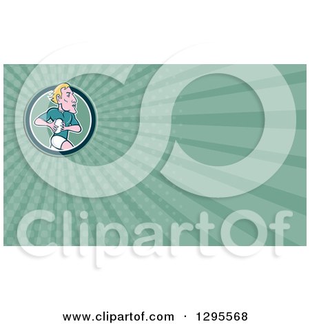 Clipart of a Cartoon Rugby Player and Pastel Green Rays Background or Business Card Design - Royalty Free Illustration by patrimonio