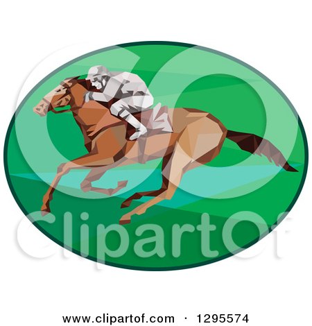 Clipart of a Retro Low Poly Horse Racing Jockey in a Green Oval - Royalty Free Vector Illustration by patrimonio
