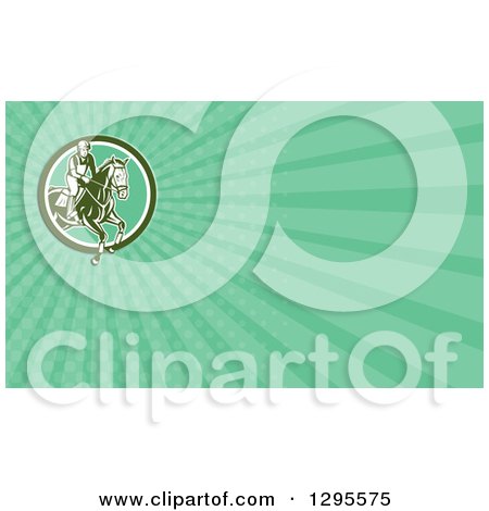 Clipart of a Retro Horse Racing Jockey and Green Rays Background or Business Card Design - Royalty Free Illustration by patrimonio